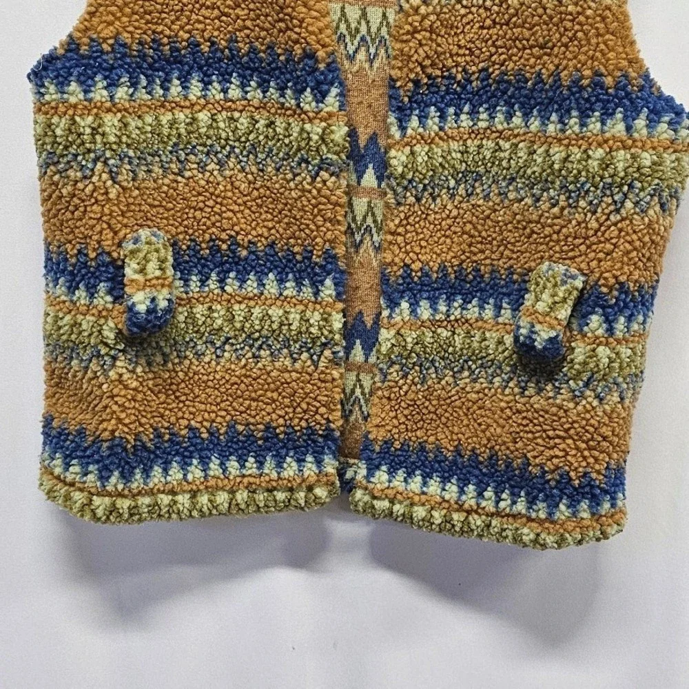 SHEIN Girls Sherpa Fleece Vest Size 12Y‎ Blue Yellow Fair Isle Geometric Borg